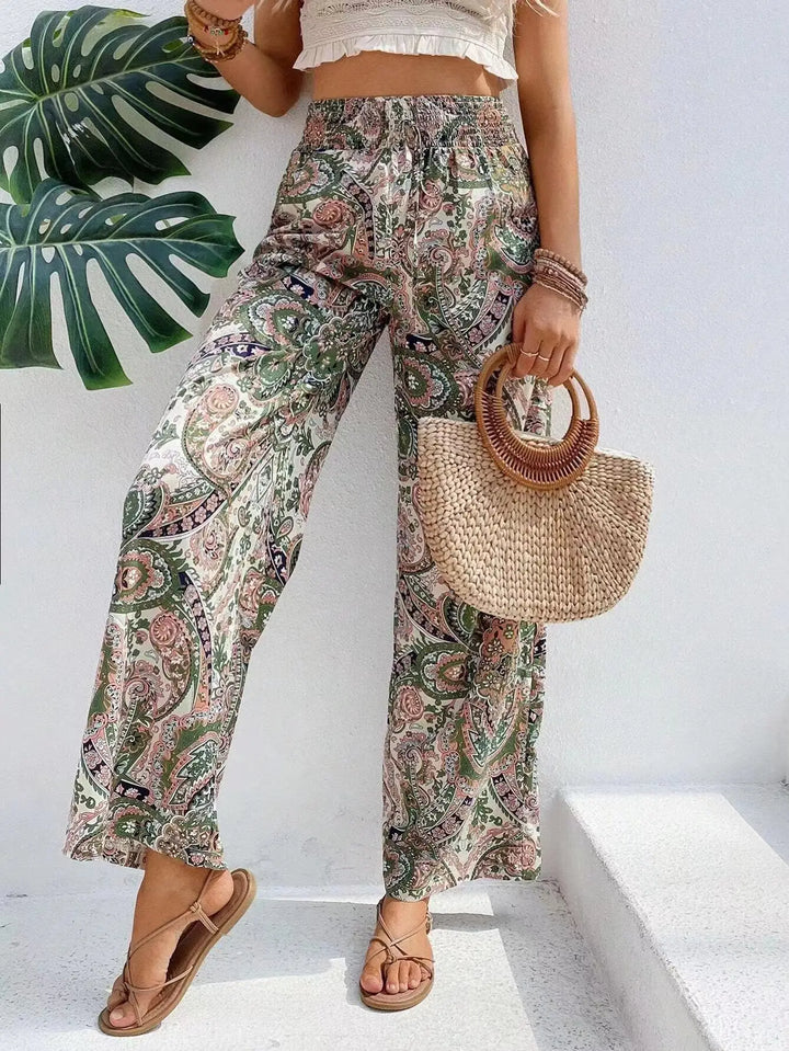 Paisley Print Smocked Waist Wide Leg Pants Women - Boho Style
