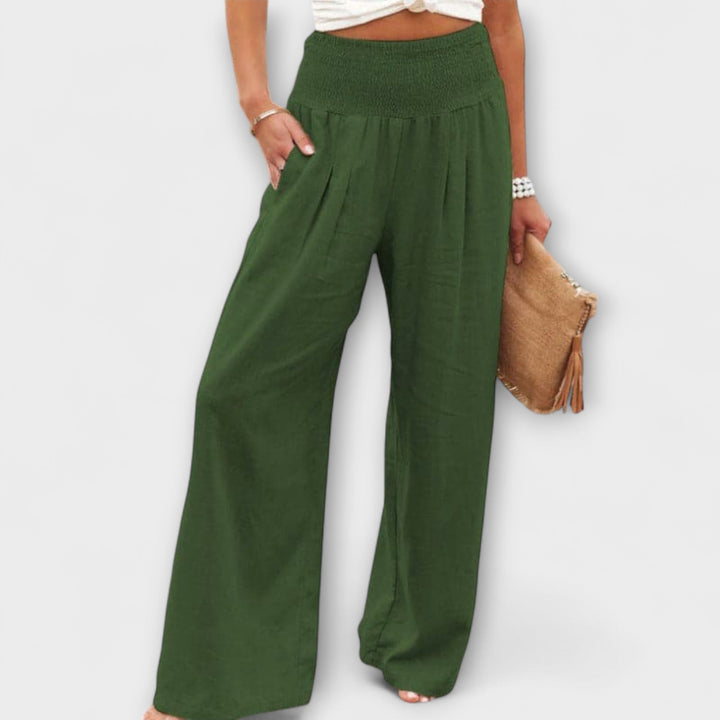 Smocked Waist Linen Wide Leg Pants Women - Casual Boho