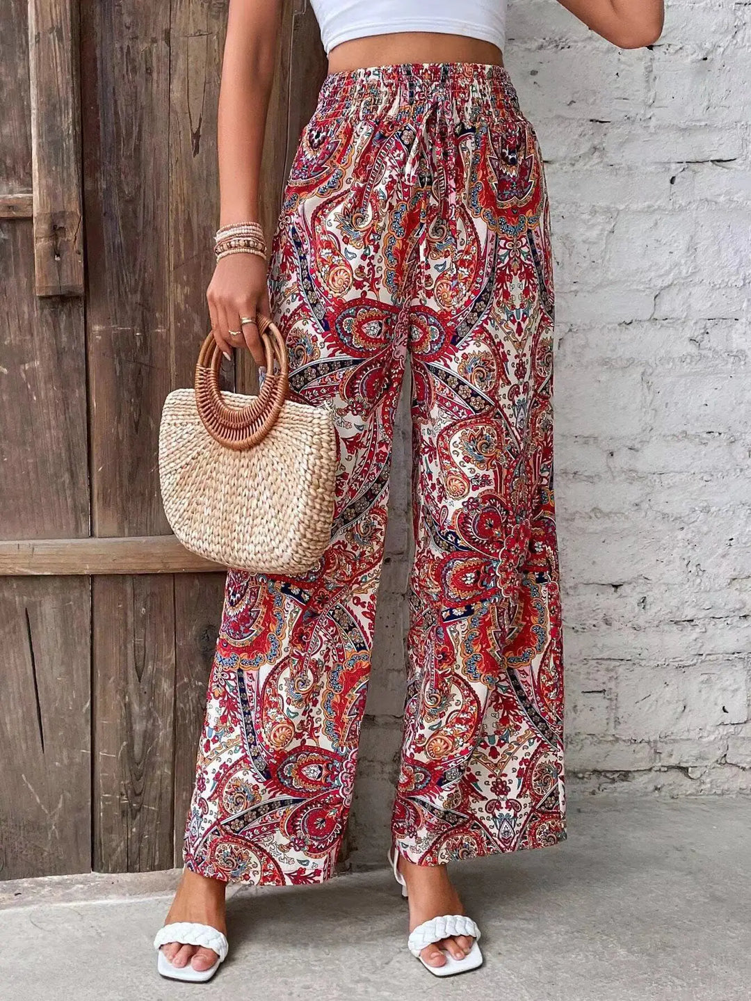 Paisley Print Smocked Waist Wide Leg Pants Women - Boho Style
