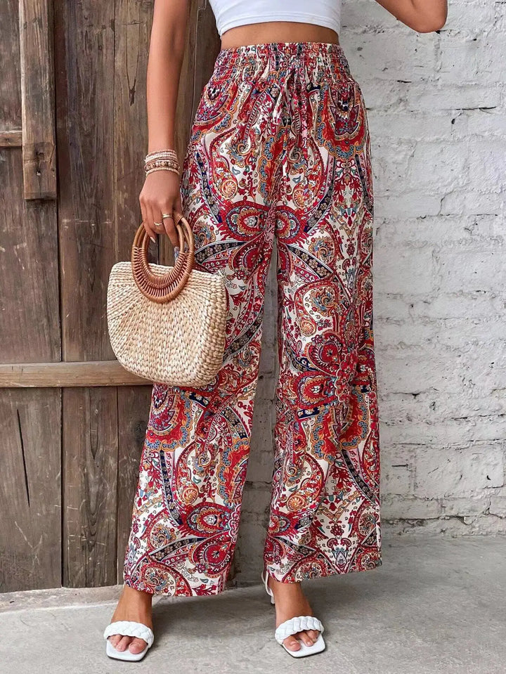 Paisley Print Smocked Waist Wide Leg Pants Women - Boho Style