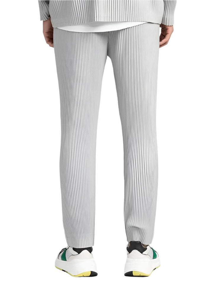 Ribbed Pleated Wide Leg Casual Trousers - Textured Smart Fit