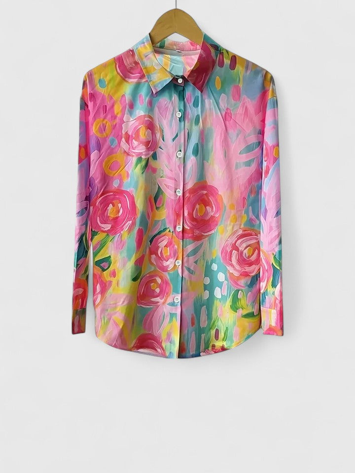 Painterly Floral Print Long Sleeve Casual Blouse Women