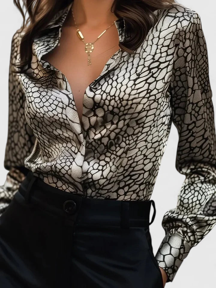 Leopard Print Satin Long Sleeve Blouse Women