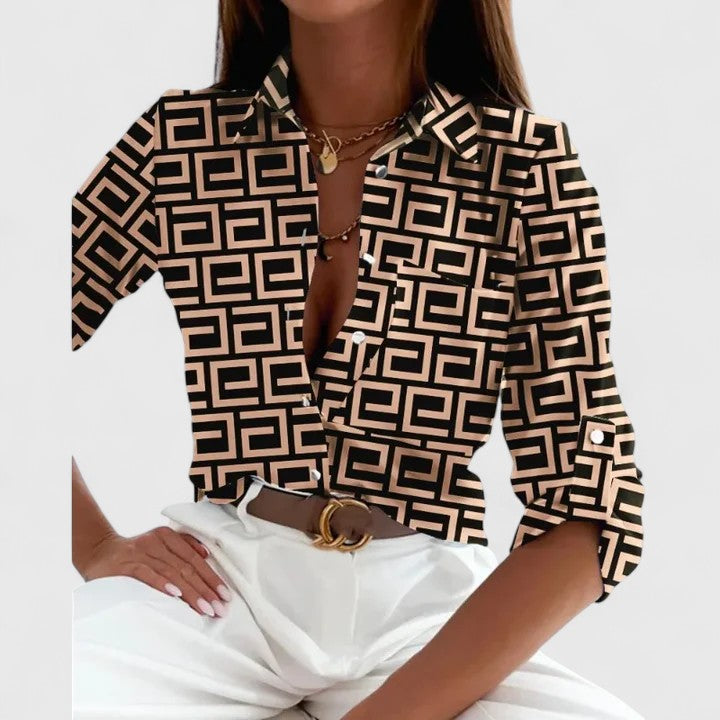 Geometric Maze Print Satin Button Down Blouse Women