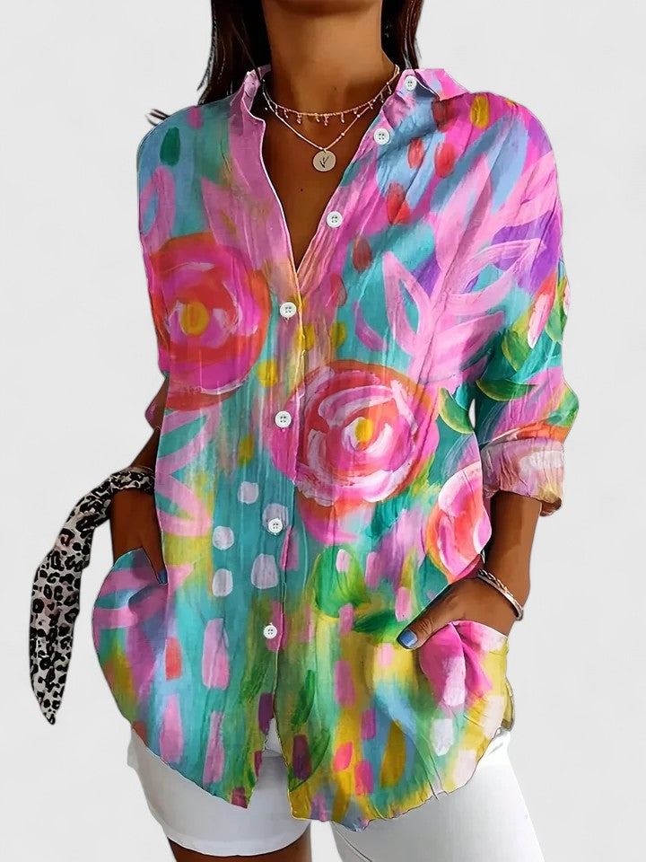 Painterly Floral Print Long Sleeve Casual Blouse Women