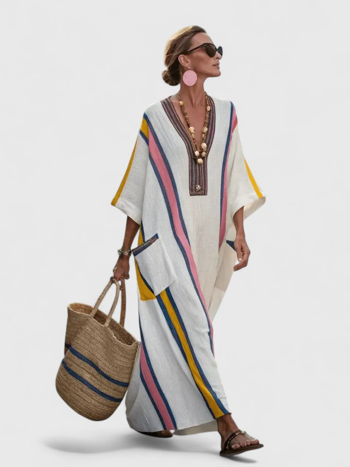 Women's Striped Linen Maxi Dress Casual Beach Summer