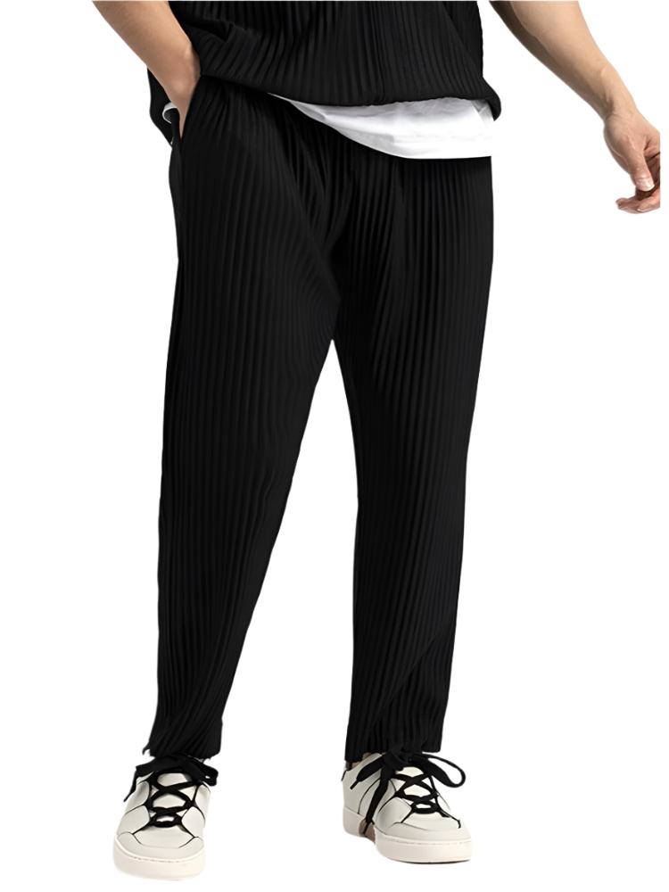 Ribbed Pleated Wide Leg Casual Trousers - Textured Smart Fit