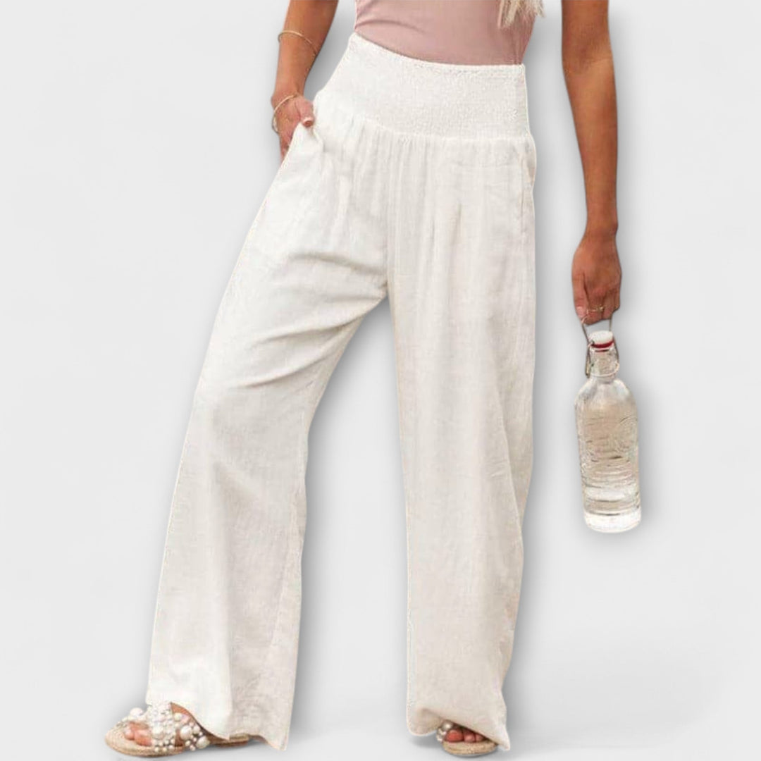 Smocked Waist Linen Wide Leg Pants Women - Casual Boho