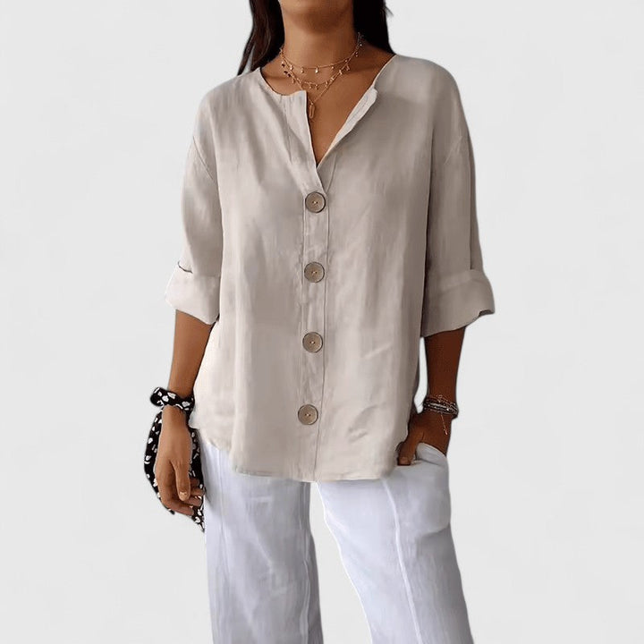 V Neck Button Down Linen Blouse Women