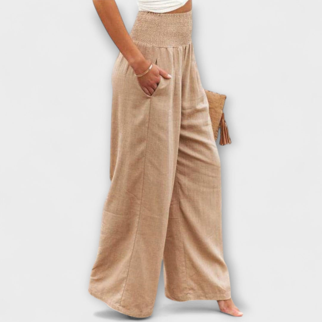 Smocked Waist Linen Wide Leg Pants Women - Casual Boho