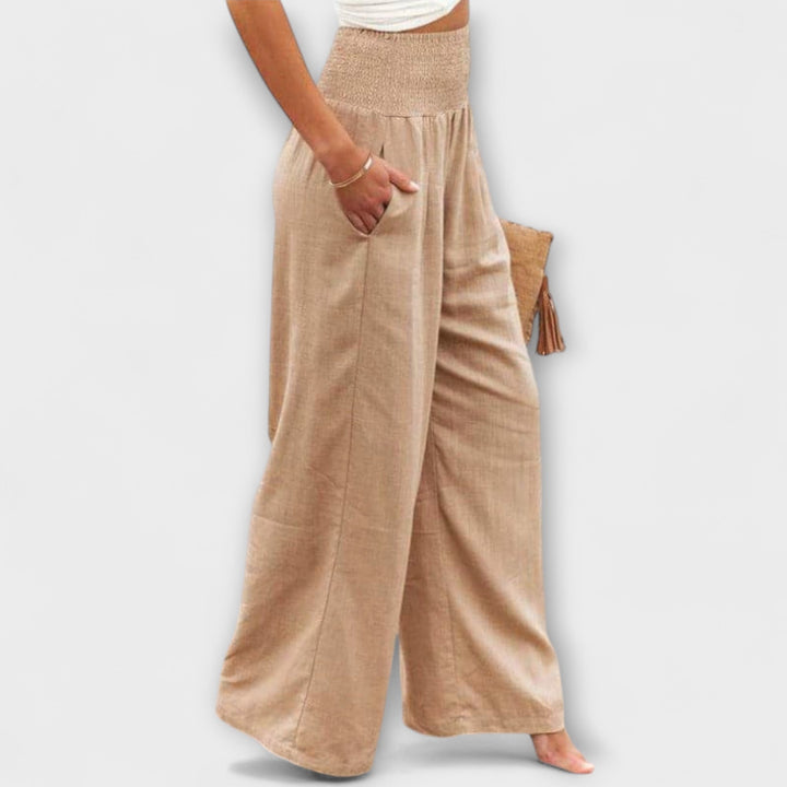 Smocked Waist Linen Wide Leg Pants Women - Casual Boho