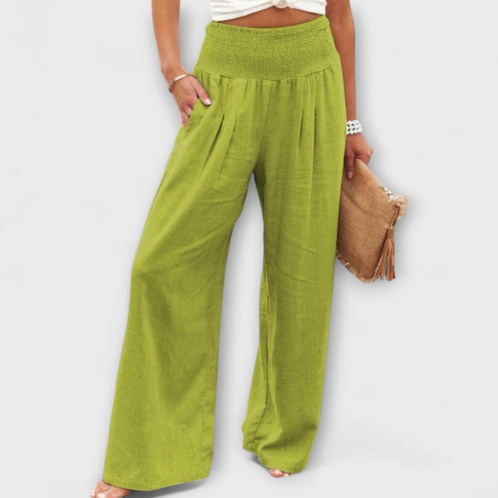 Smocked Waist Linen Wide Leg Pants Women - Casual Boho