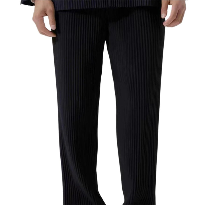 Ribbed Pleated Wide Leg Casual Trousers - Textured Smart Fit
