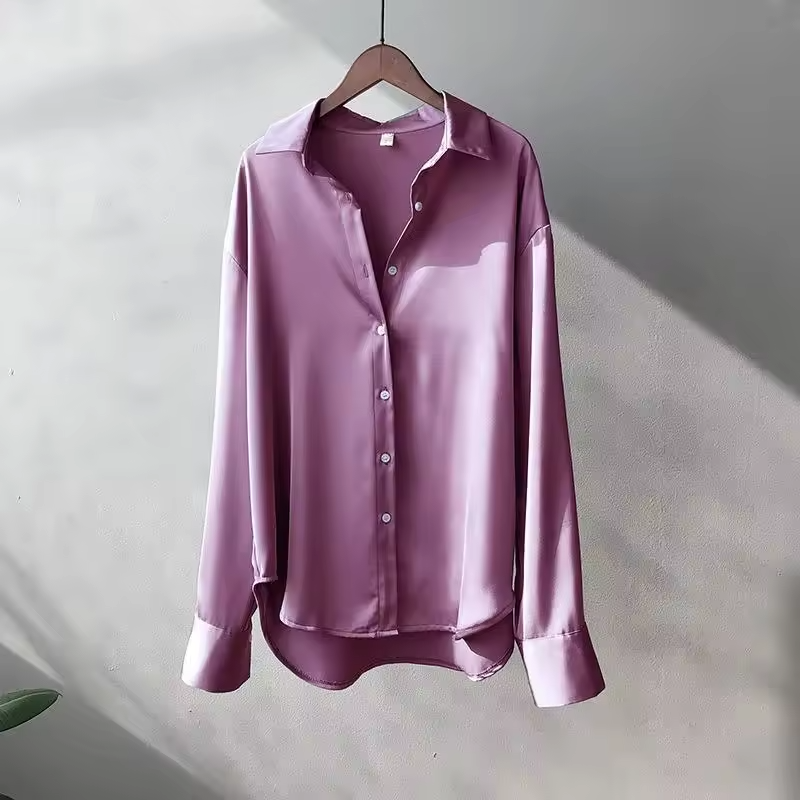 Satin Oversized Long Sleeve Button Down Relaxed Dressy Blouse