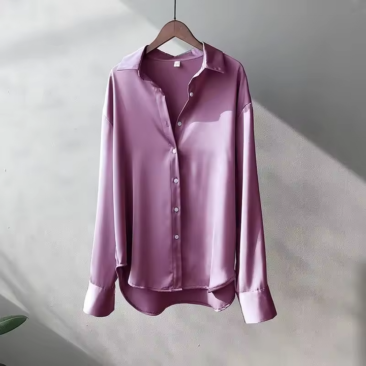 Satin Oversized Long Sleeve Button Down Relaxed Dressy Blouse