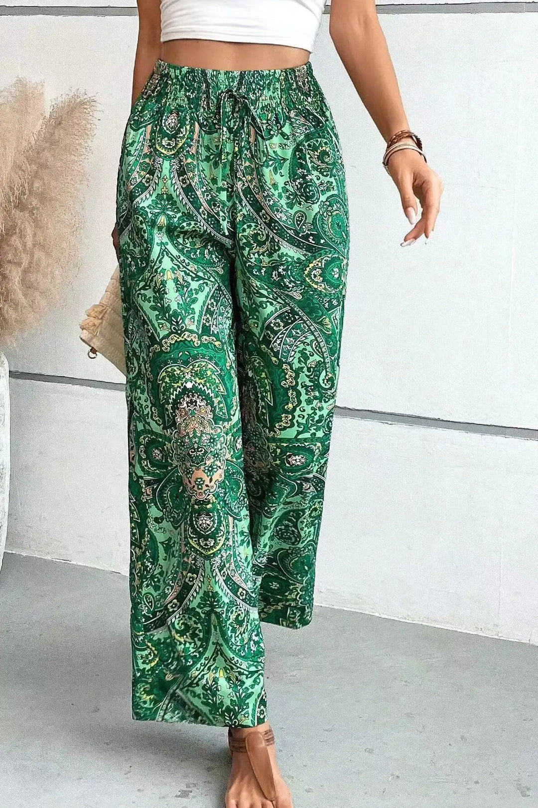 Paisley Print Smocked Waist Wide Leg Pants Women - Boho Style