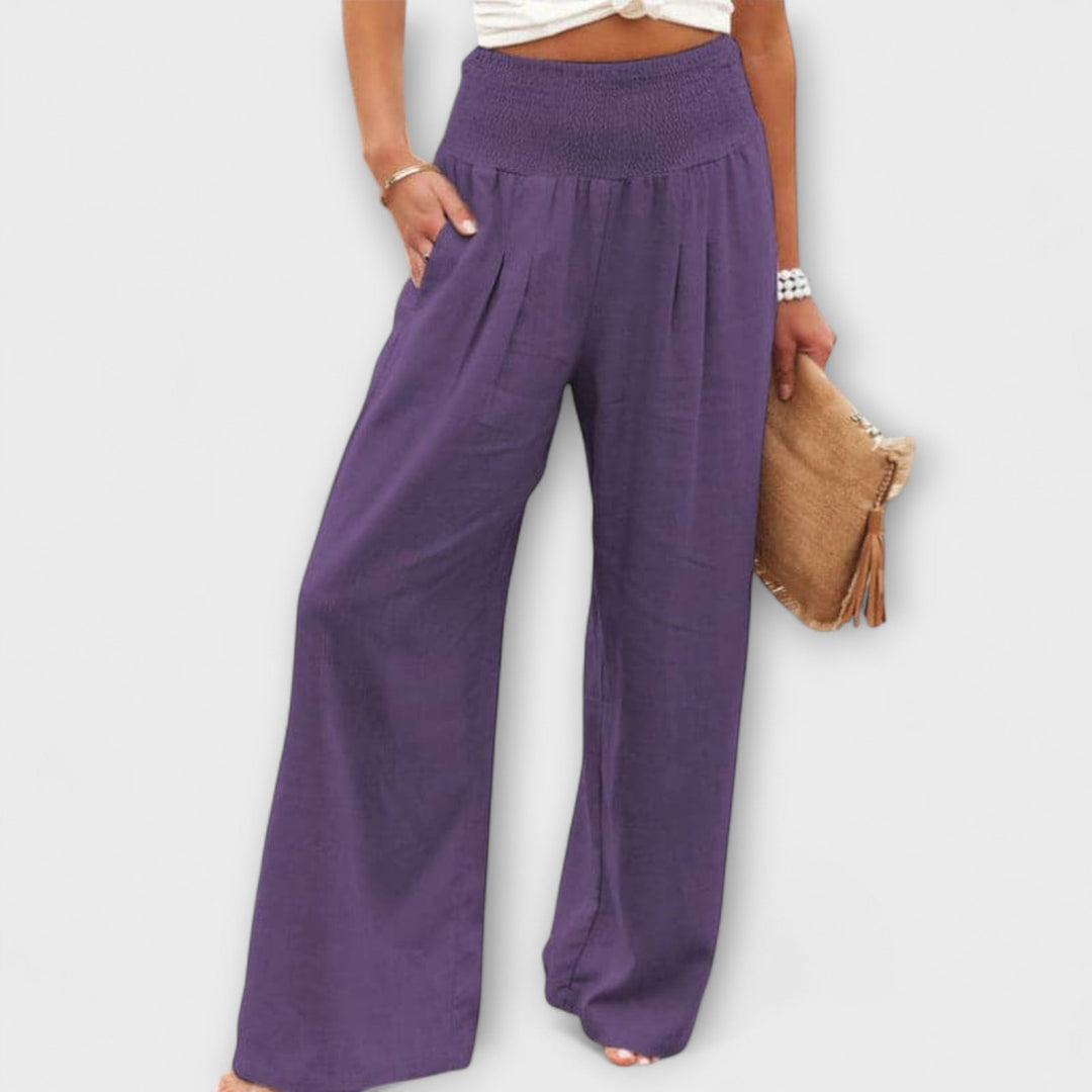Smocked Waist Linen Wide Leg Pants Women - Casual Boho