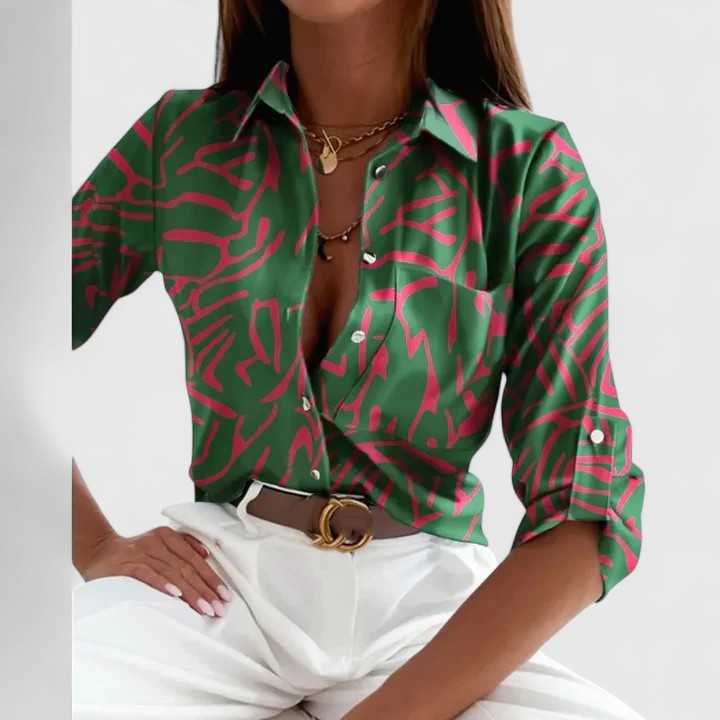 Geometric Maze Print Satin Button Down Blouse Women