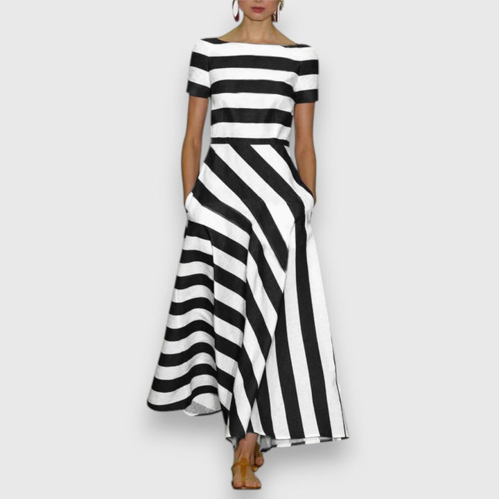 Short Sleeve Striped Maxi Dress Flowy Fit