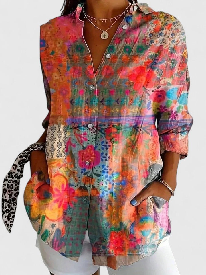 Painterly Floral Print Long Sleeve Casual Blouse Women