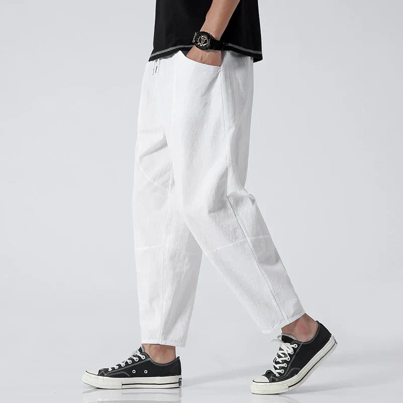 Drawstring Linen Tapered Mens Casual Trousers - Cropped Fit