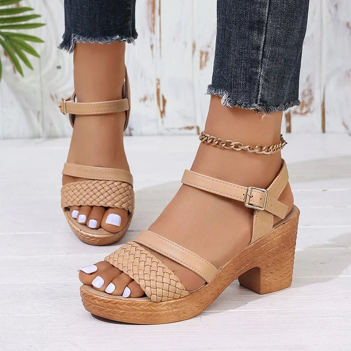 Woven Toe Band Ankle Buckle Textured Block Heel Platform Sandal