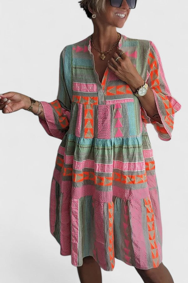 Boho Print Loose Fit Mini Dress Three Quarter Sleeve