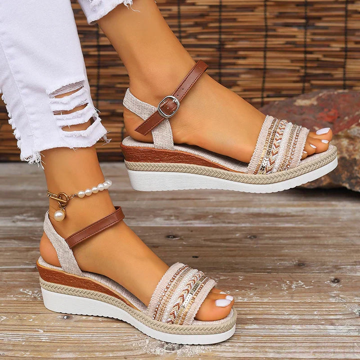 Tribal Beaded Toe Strap Contrast Buckle Espadrille Wedge Sandal