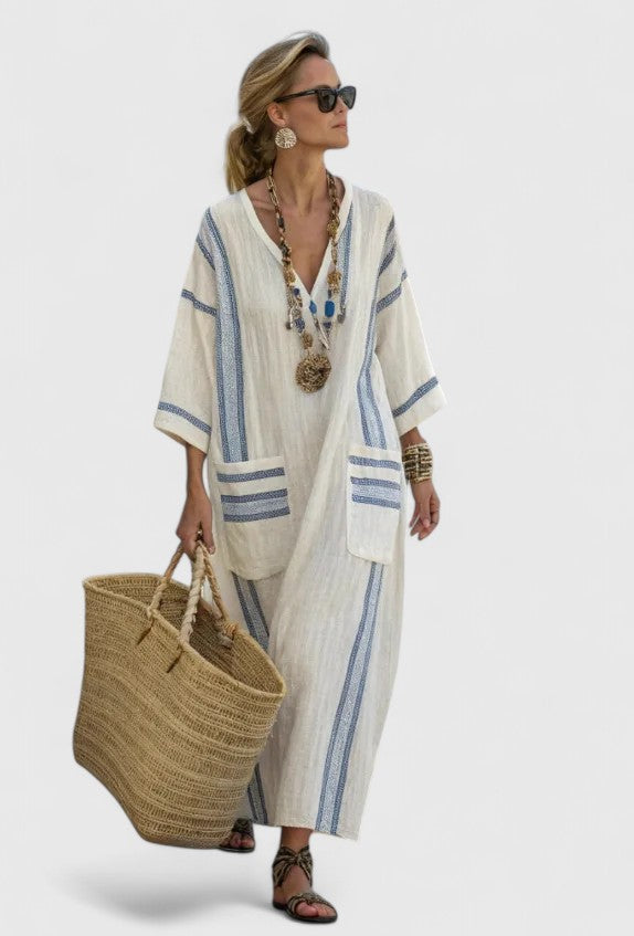 Women's Striped Linen Maxi Dress Casual Beach Summer
