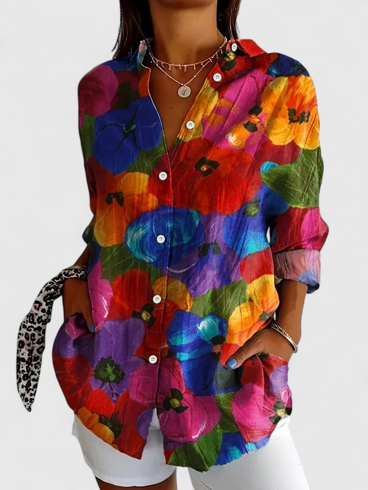 Painterly Floral Print Long Sleeve Casual Blouse Women