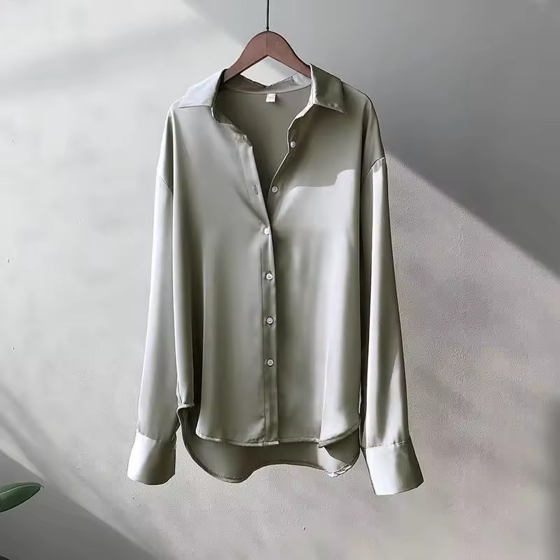 Satin Oversized Long Sleeve Button Down Relaxed Dressy Blouse