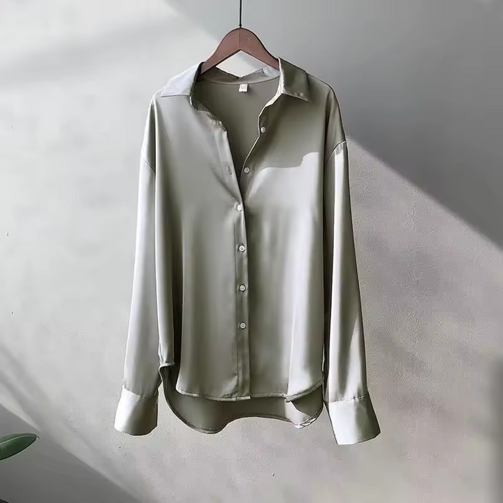 Satin Oversized Long Sleeve Button Down Relaxed Dressy Blouse