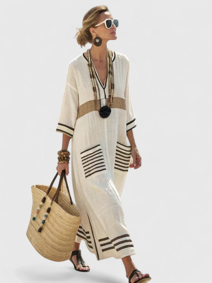Women's Striped Linen Maxi Dress Casual Beach Summer