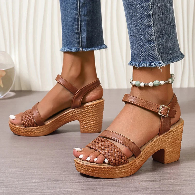Woven Toe Band Ankle Buckle Textured Block Heel Platform Sandal