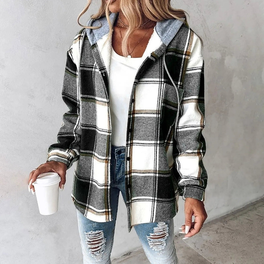 Harriet | Women's Plaid Button Front Jacket with Drawstring Hood