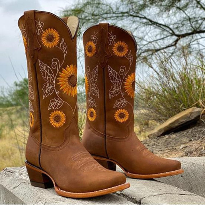 Sierra | Women's Sunflower Embroidered Pointed Toe Western Boots