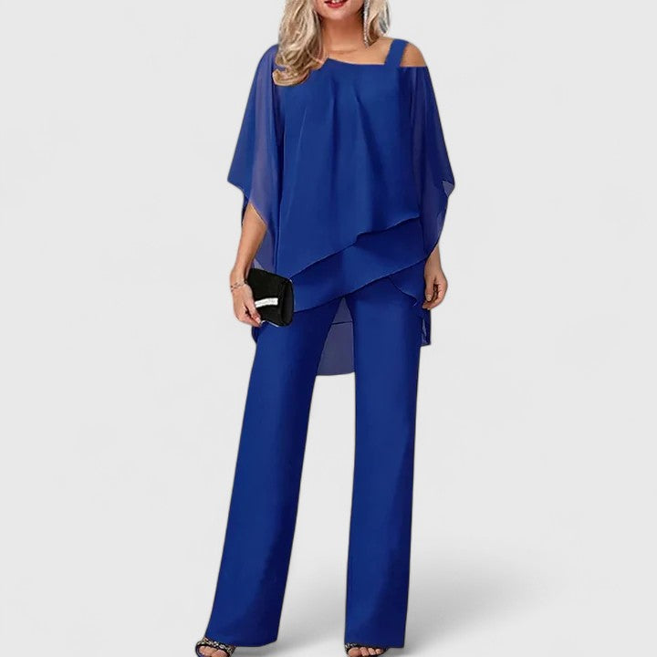 Asymmetric Chiffon Overlay Wide Leg Trouser Set Women