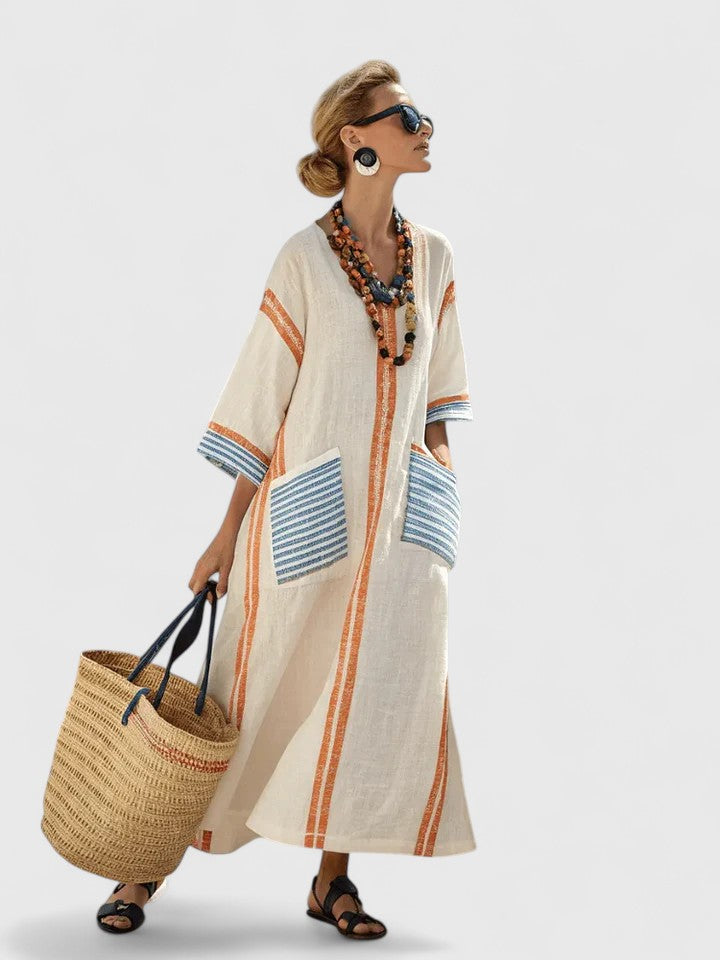 Women's Striped Linen Maxi Dress Casual Beach Summer