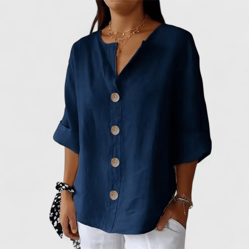 V Neck Button Down Linen Blouse Women