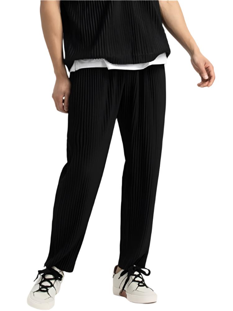 Ribbed Pleated Wide Leg Casual Trousers - Textured Smart Fit
