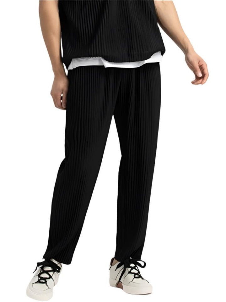 Ribbed Pleated Wide Leg Casual Trousers - Textured Smart Fit