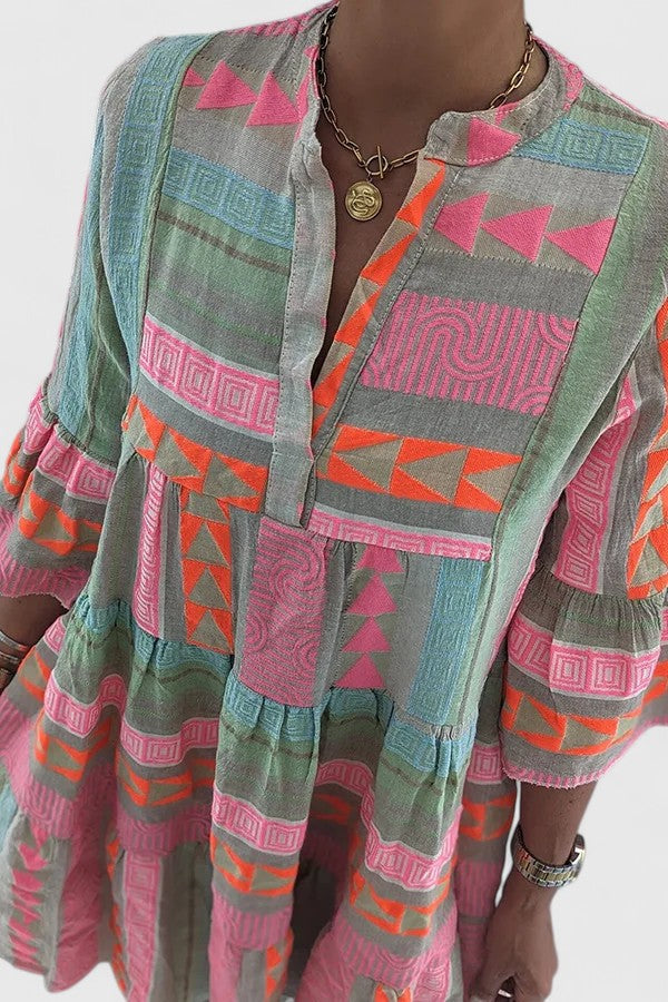 Boho Print Loose Fit Mini Dress Three Quarter Sleeve