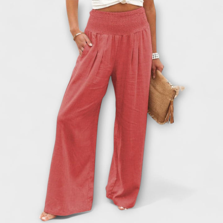 Smocked Waist Linen Wide Leg Pants Women - Casual Boho
