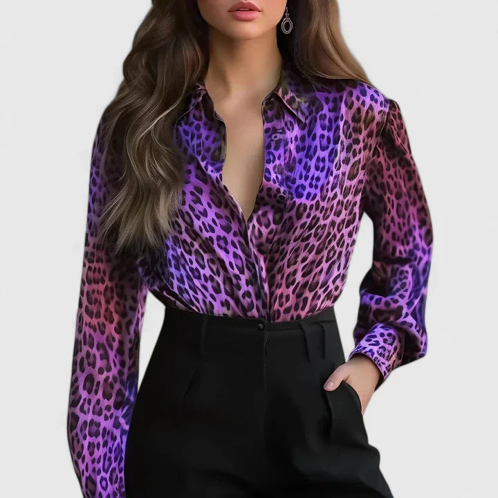 Leopard Print Satin Long Sleeve Blouse Women