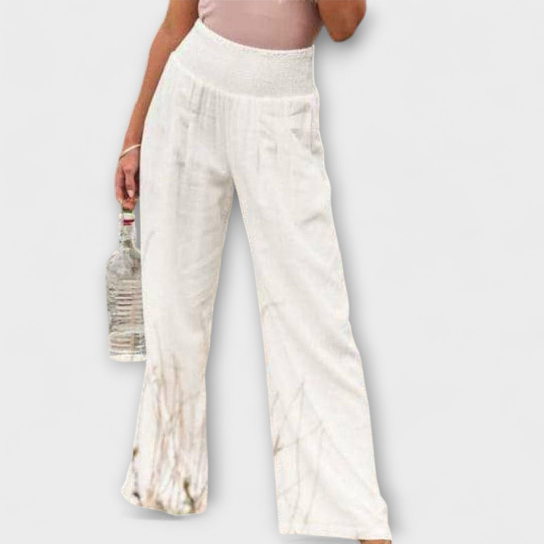 Smocked Waist Linen Wide Leg Pants Women - Casual Boho