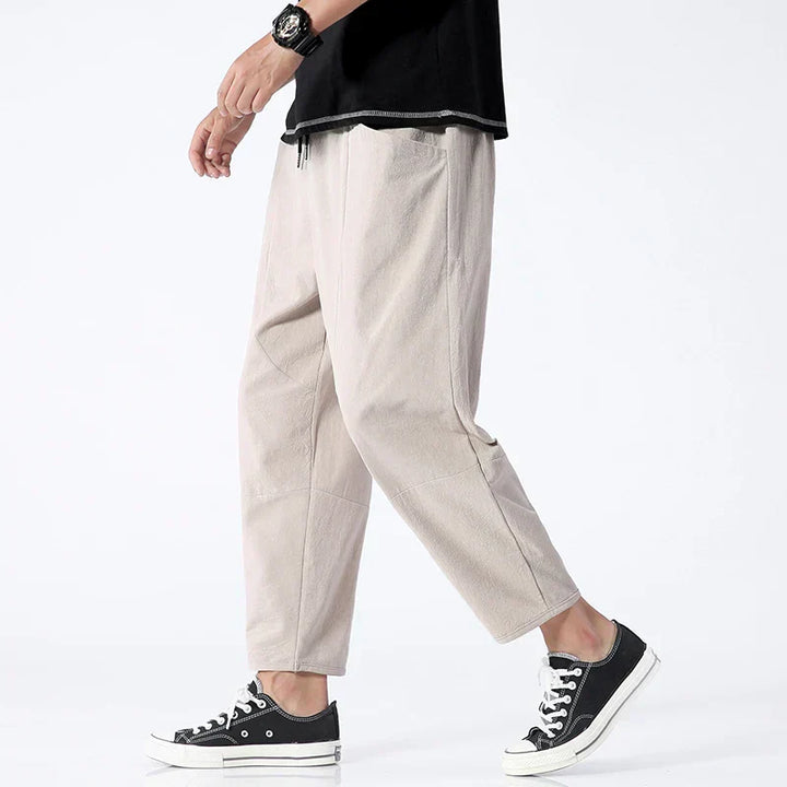 Drawstring Linen Tapered Mens Casual Trousers - Cropped Fit