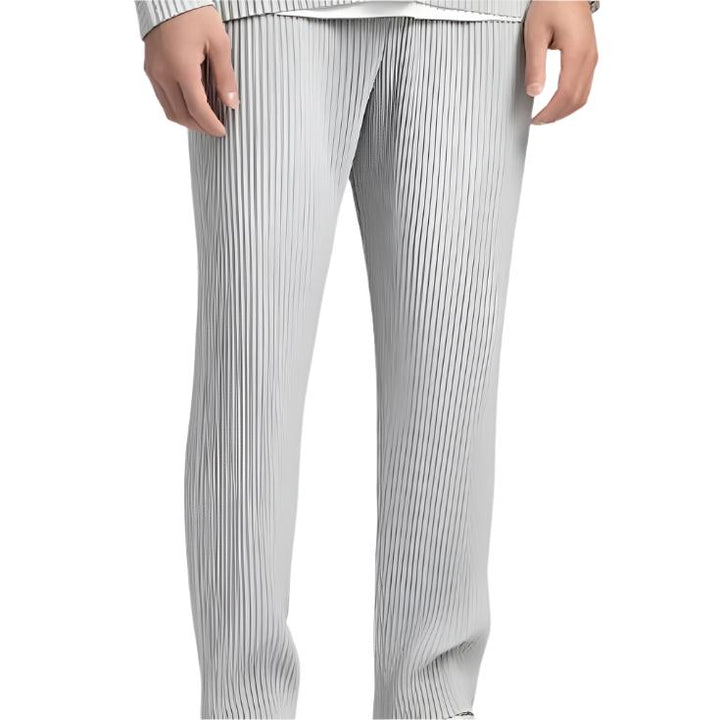 Ribbed Pleated Wide Leg Casual Trousers - Textured Smart Fit