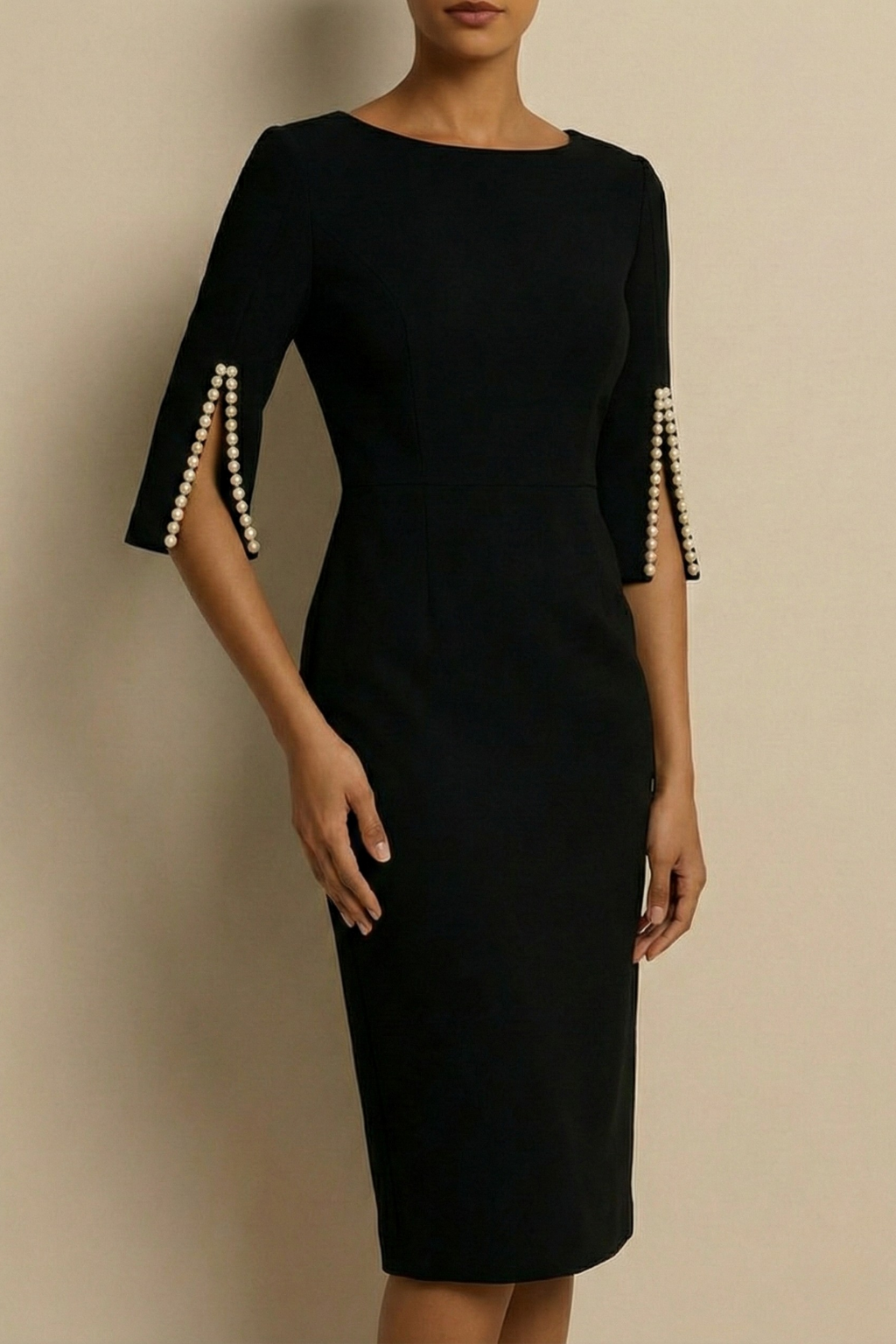 Pearl Trim Split Sleeve Bateau Neck Bodycon Midi Dress - Wedding Guest