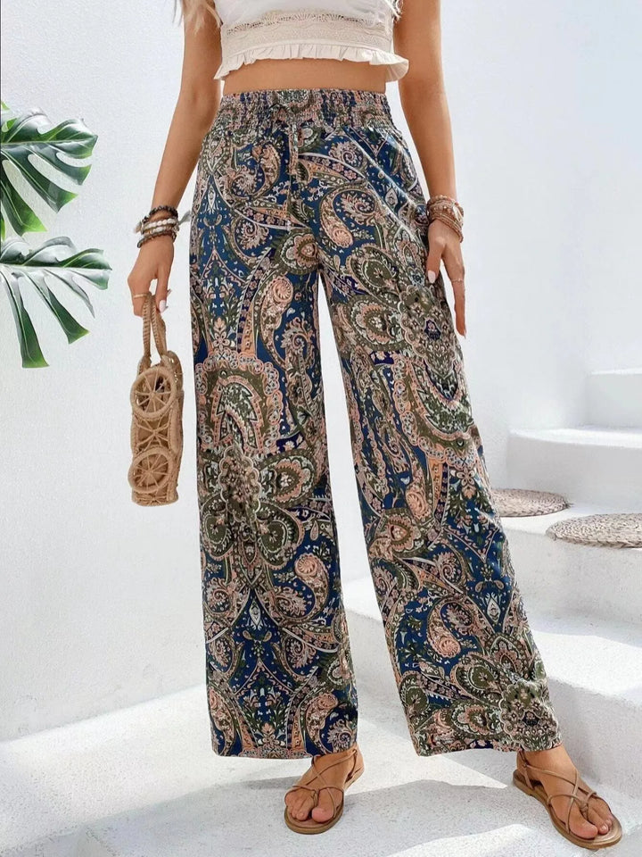 Paisley Print Smocked Waist Wide Leg Pants Women - Boho Style