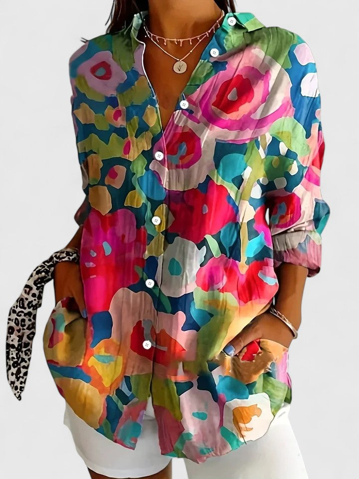 Painterly Floral Print Long Sleeve Casual Blouse Women